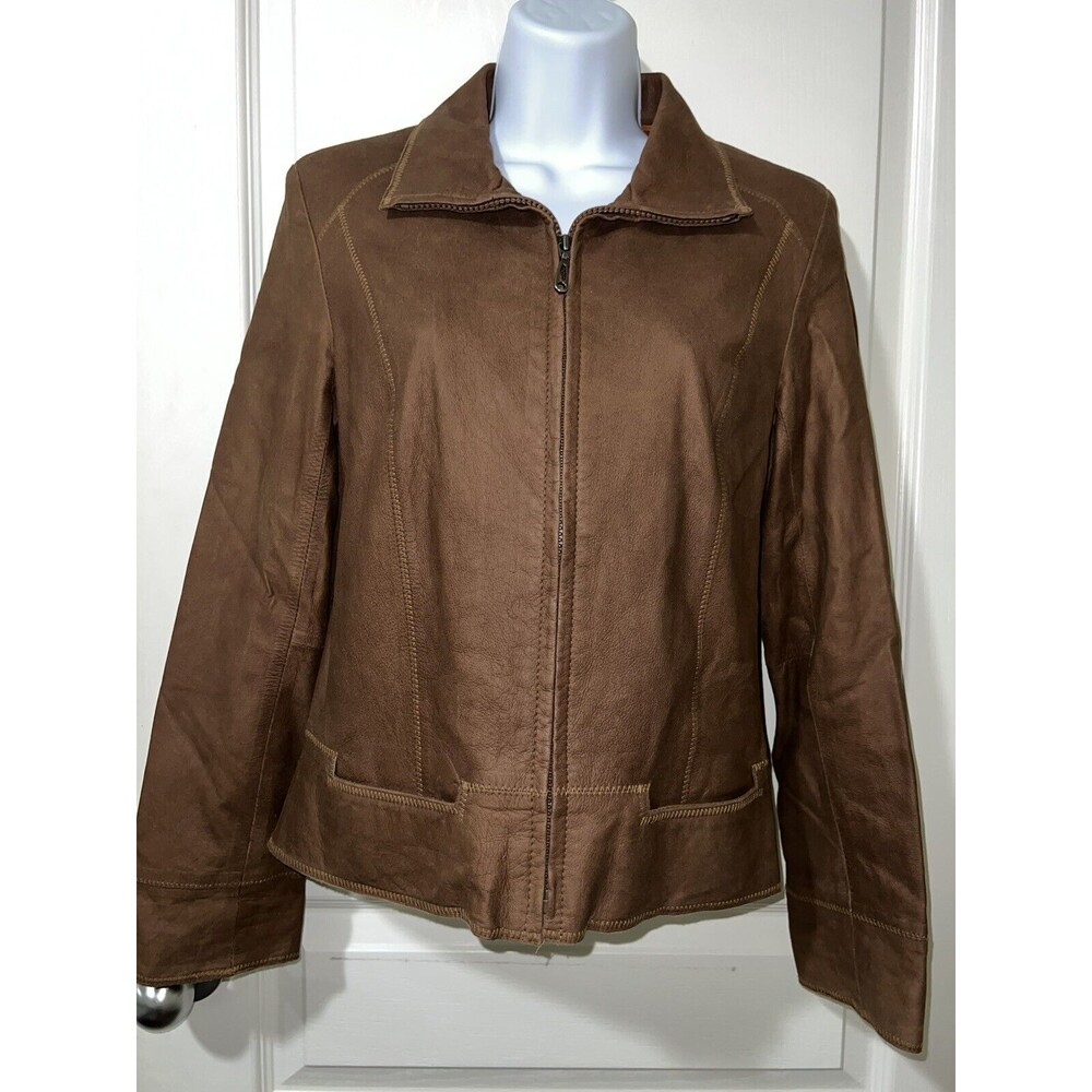 REMY LITE Brown Leather Coat Full Zip Crop Women's Jacket Excellent Condition XS